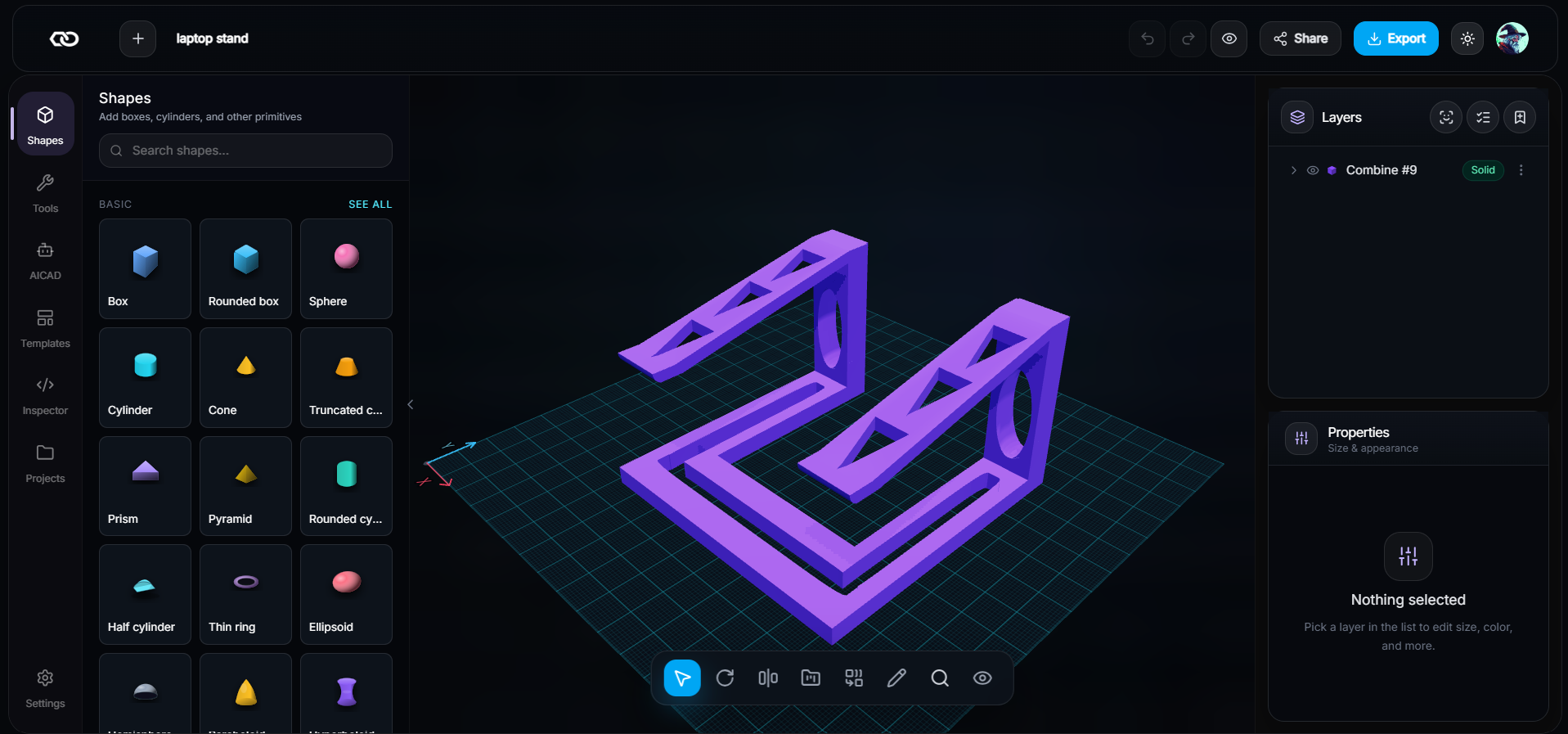 Cadding 3D editor with shapes, layers, and modeling tools